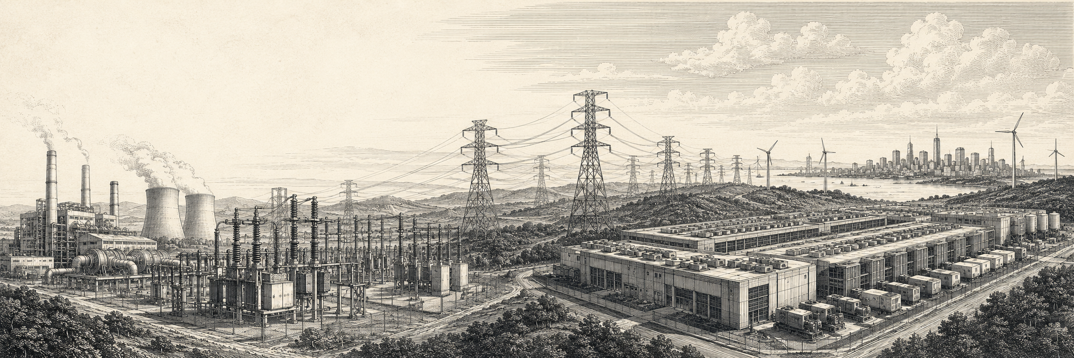 Engraved panorama — power generation, transmission towers, wind turbines and data centers feeding a distant city